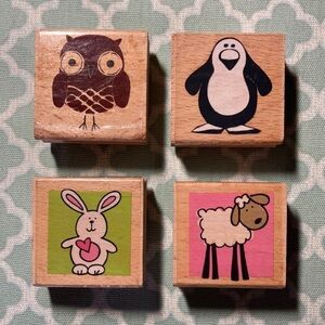 Set of 4 Wooden Block Rubber Animal Stamps Studio G